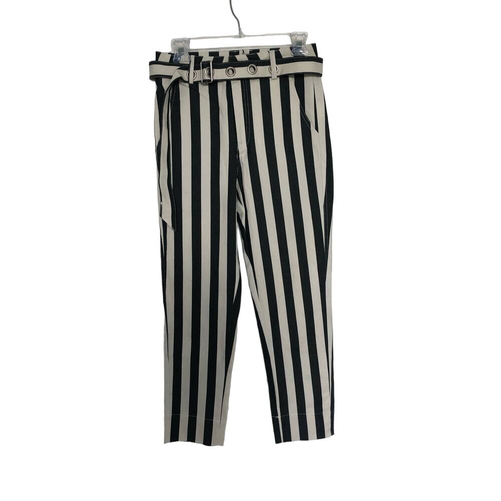 Uniq Gray and White Striped Pants with Grommet Belt - S